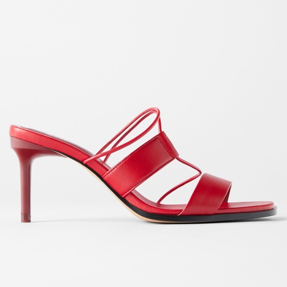 ZARA RED 100% LEATHER HEELED STRAPPY SANDALS - Picture 5 of 11